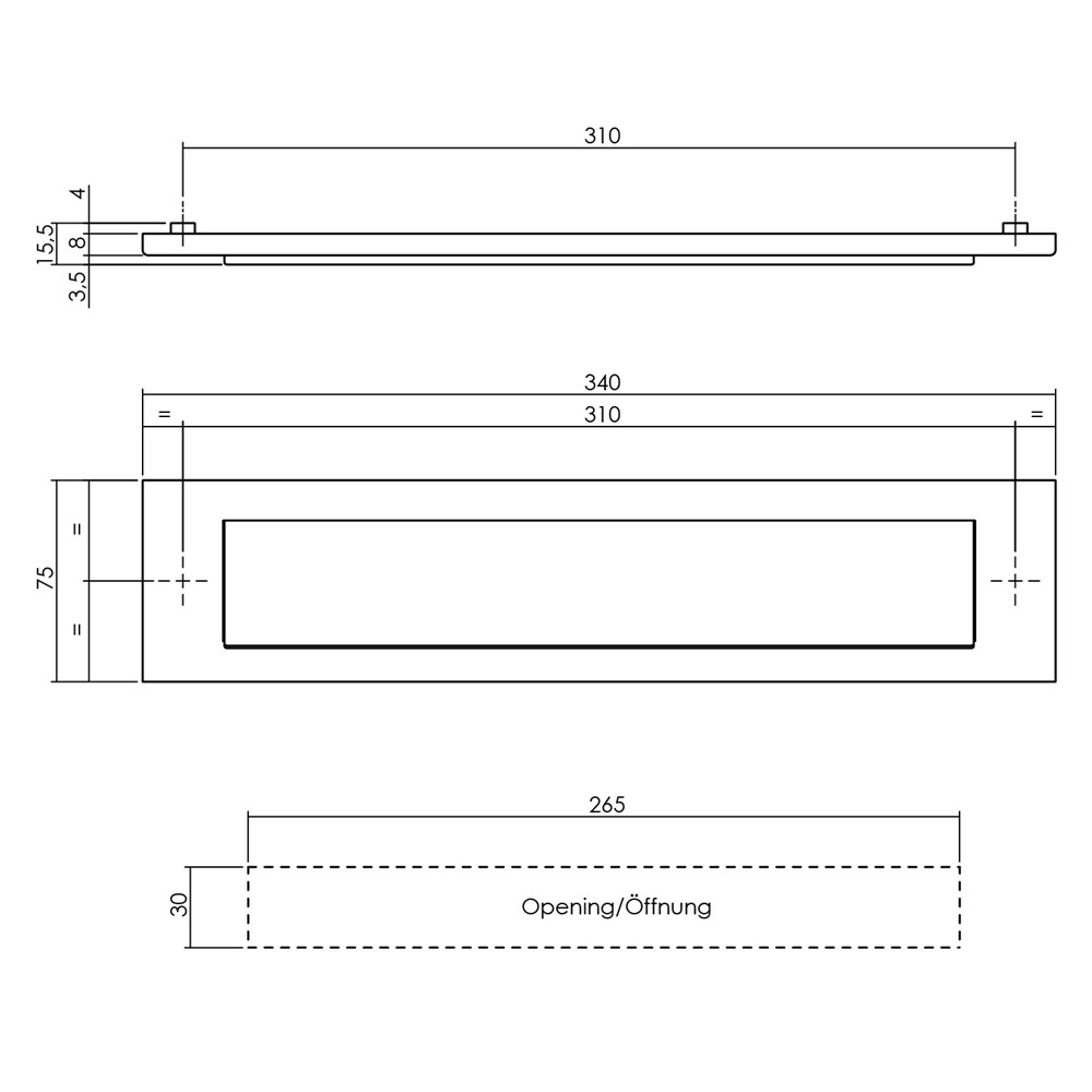 BRIEFPLAAT RECHTHOEKIG 340X75MM MET KLEP/REGENRAND RVS