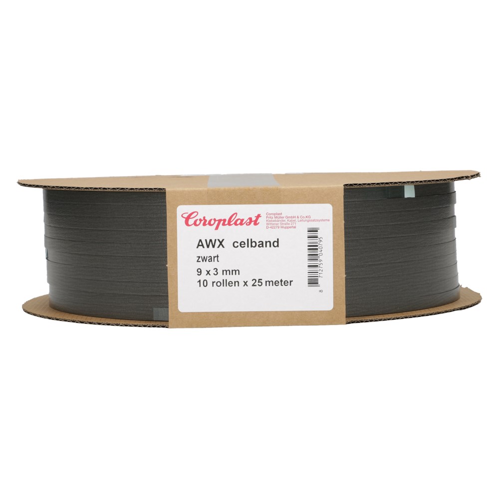 Afbeelding voor Coroplast AWX celband 9x3 mm/25 m zwart - pakje/250 meter AWX, Karton pakje, hersluitbaar