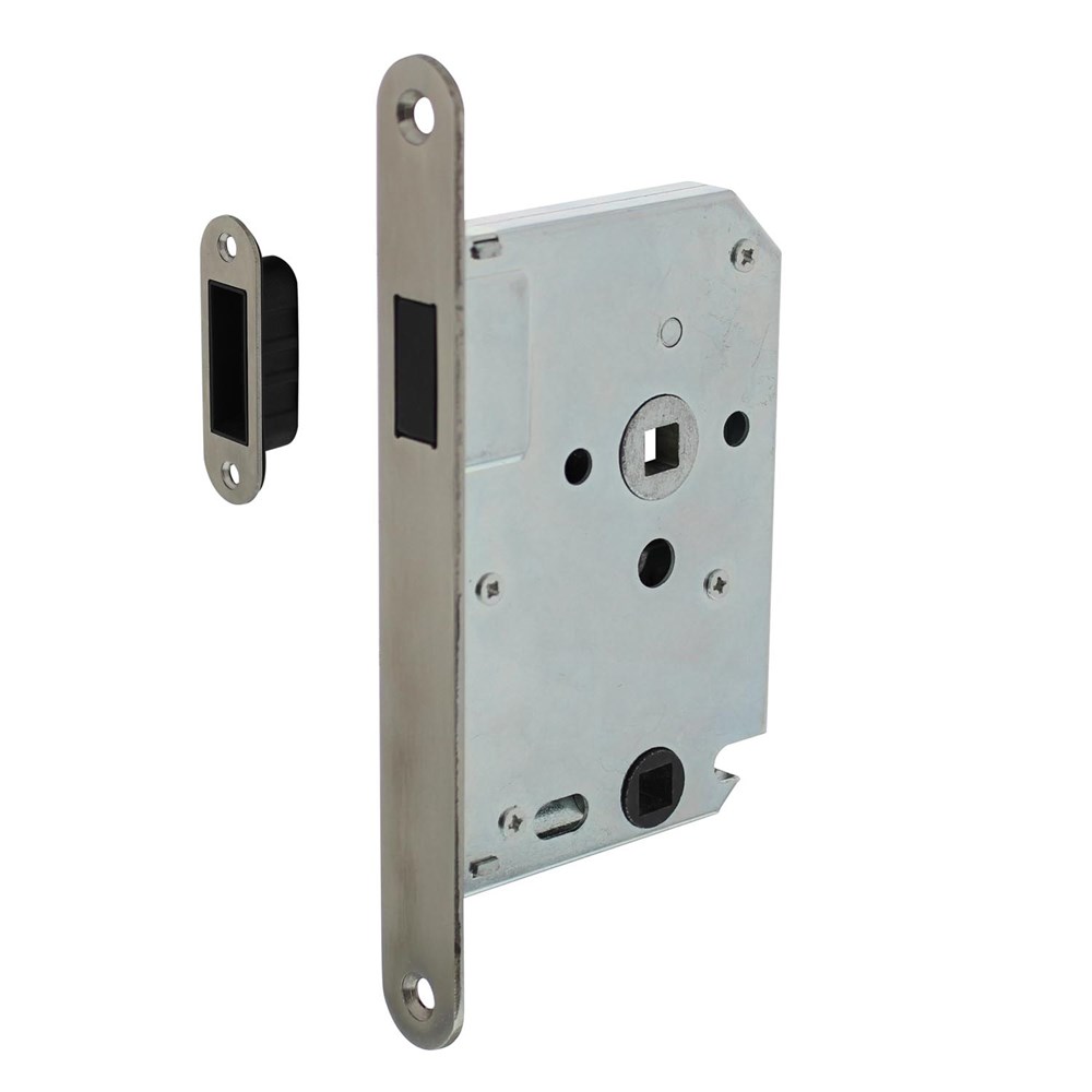 Afbeelding voor Woningbouw magneet badkamer/toilet slot 63/8mm, voorplaat afgerond rvs, 20x175, doorn 50mm incl. slu 9570