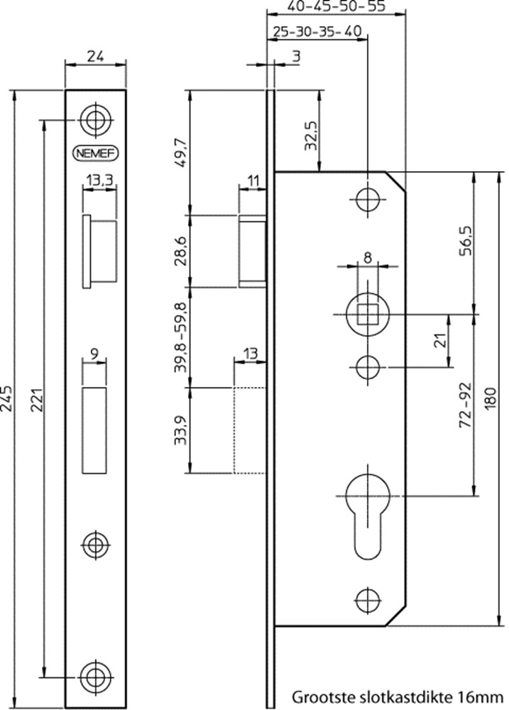 Nemef cilinder smalslot 8691/14 dm30 DIN rs (holl voorplaat staal verzinkt, reh, exclusief sluitplaat | Polvo bv