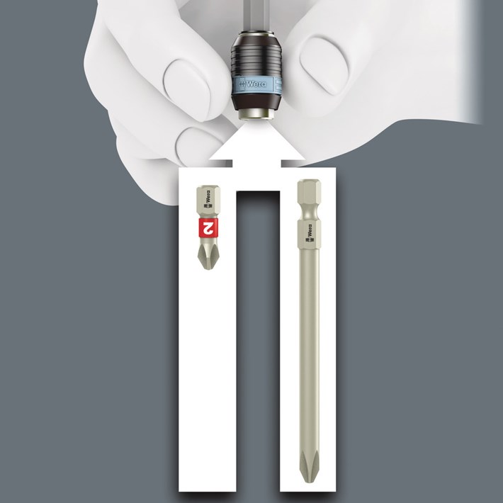 De Rapidaptor Snelwisselhouder is geschikt voor 1/4"-bits  conform DIN ISO 1173-C 6,3 en E 6,3 en Wera verbindings-rij 1 en 4.