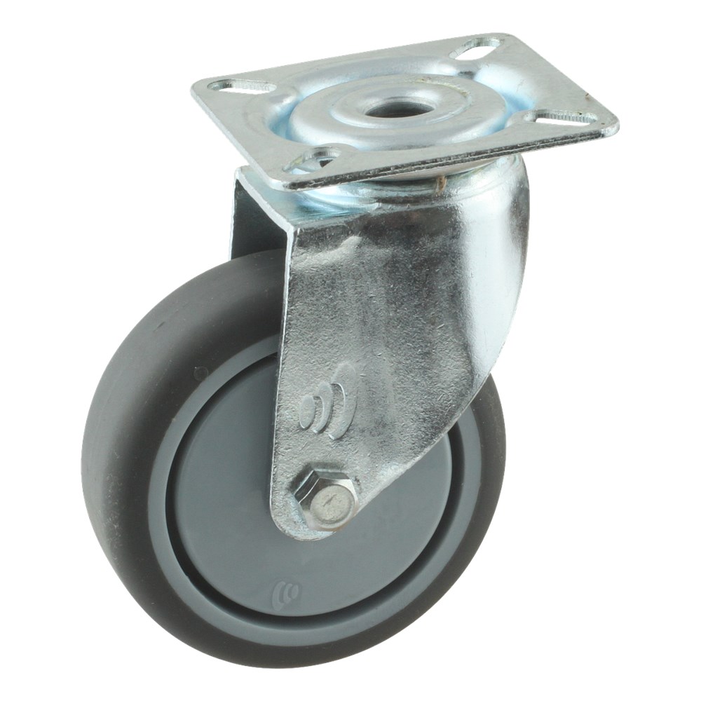 Afbeelding voor Apparatenwiel (zwenk) met plaatbevestiging met stalen gaffel, wiel met grijze PP velg met TPE band Serie 68-60