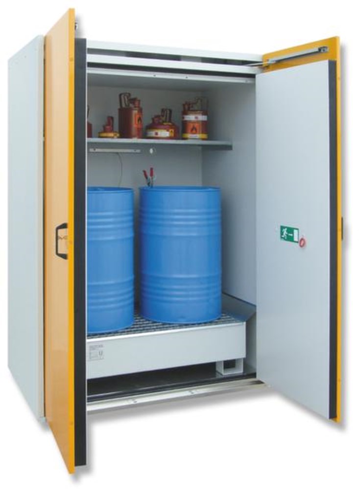 in de werkruimte, milieuonvriendelijke, brandbare stoffen, 2200 mm, 1645 mm, 1550 mm, 1450 mm, 1025 mm, 870 mm, bodemopvangbak met voeten en rooster, uitneembaar, ja, 220 l, brandkamer getest type 90, 2x200 l vat, staand, staal, RAL7035 lichtgrijs, RAL1007 narcissengeel, RAL7035 lichtgrijs, poedercoating, poedercoating, poedercoating, ja, cilinderslot, vleugeldeur, sokkel, 1030 kg, 1 st i0000019566.jpg