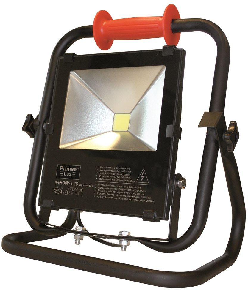 Primaelux LED armatuur 30 Watt klasse II "type S" 6000K (daglicht) gemonteerd met 5 meter H07RN-F (neopreen) 2 x 1,0 qmm. voorzien van een aangespoten kontaktstop. 2p. 16 Amp. inclusief een gemonteerd verstelbaar kantelstatief statief de luxe., 30 W, II, 5 m, IP65, 230 V LEDS 030220110.tif