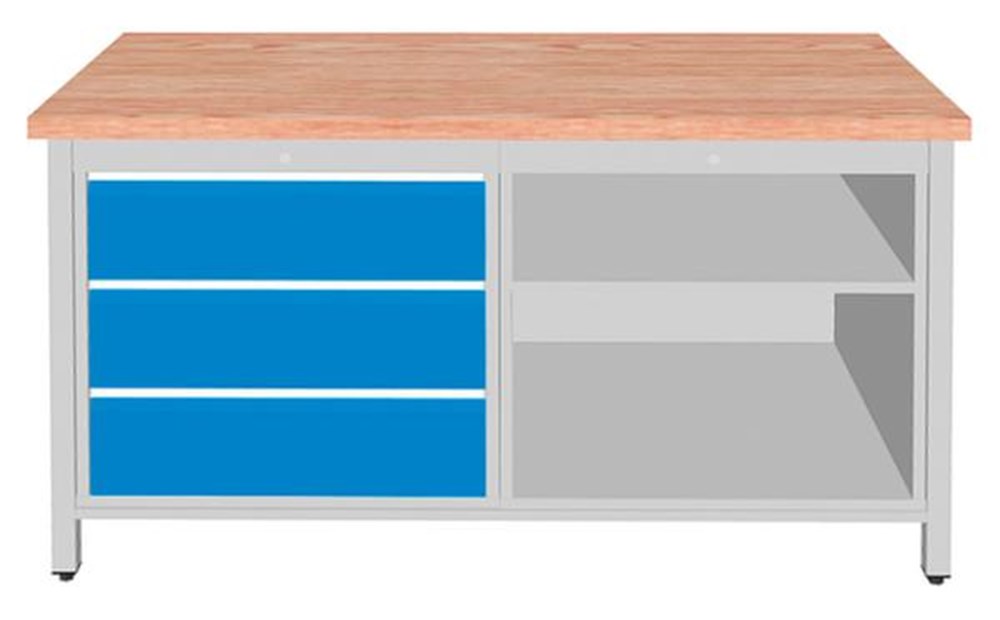 860 mm, 1500 mm, 750 mm, nee, werkplaat, legbord, lade, 3 stuks, 3 stuks, vierpoot, beuken, RAL7035 lichtgrijs, RAL5012 lichtblauw, beuken, staal, 100 kg, 40 mm, 1 stuks, nee, 150 kg i0000010790.jpg