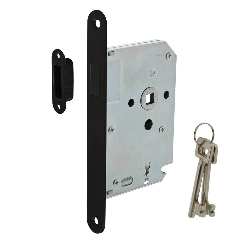 Afbeelding voor Woningbouw magneet klavier dag- en nachtslot 55mm, voorplaat afgerond zwart, 20x175, doorn 50mm incl 9572