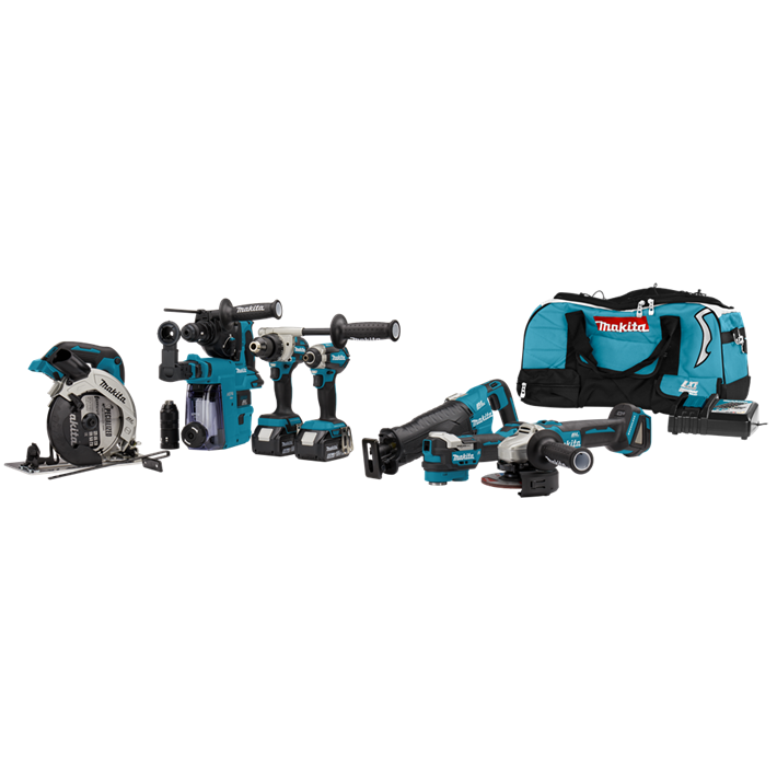Afbeelding Makita 18 v combiset voor (slag)schroeven, (klop)boren, slijpen en zagen en met multitool DLX7020TX1