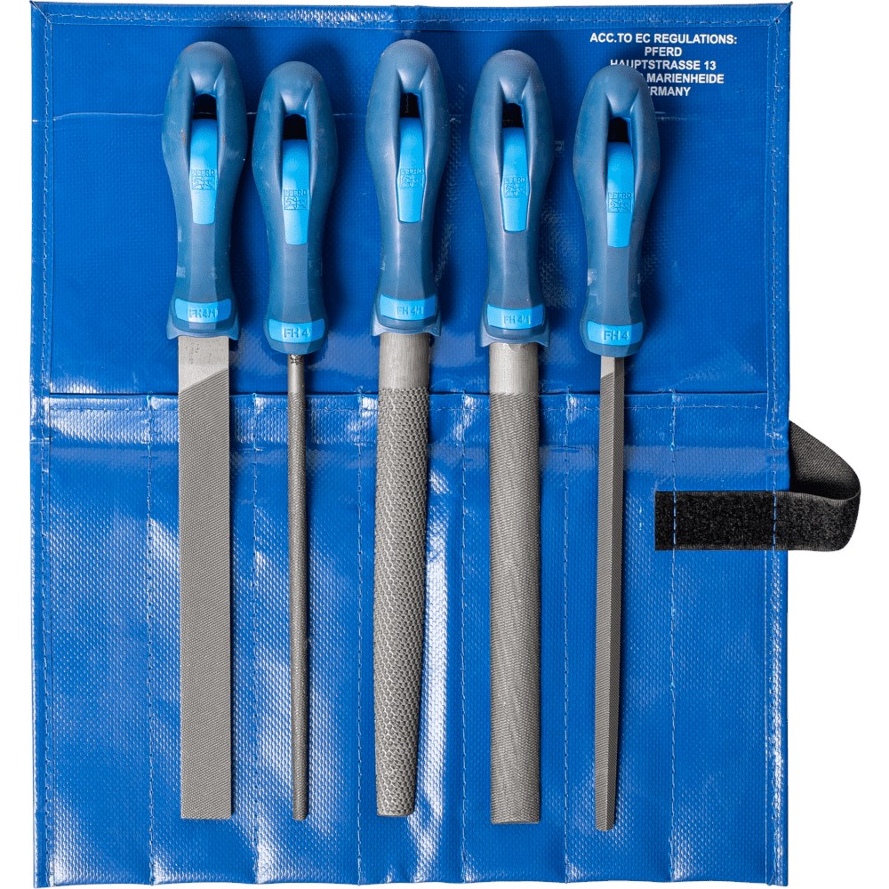 PFERD Werkplaatsvijlset 5-delig In PVC Roltas – 200 Mm Kruiskop H2 – Universeel Voor Hout En Metaal