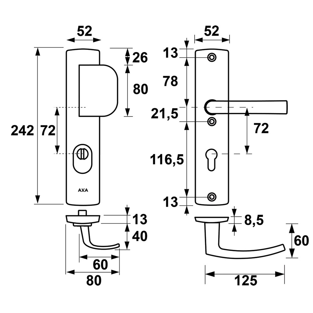 Afbeelding voor CURVE PLUS VH BESLAG DUWER OMK. PC72/ BLOKKRUK PC72/242X52/F1 GESL/SKG3/BLIST