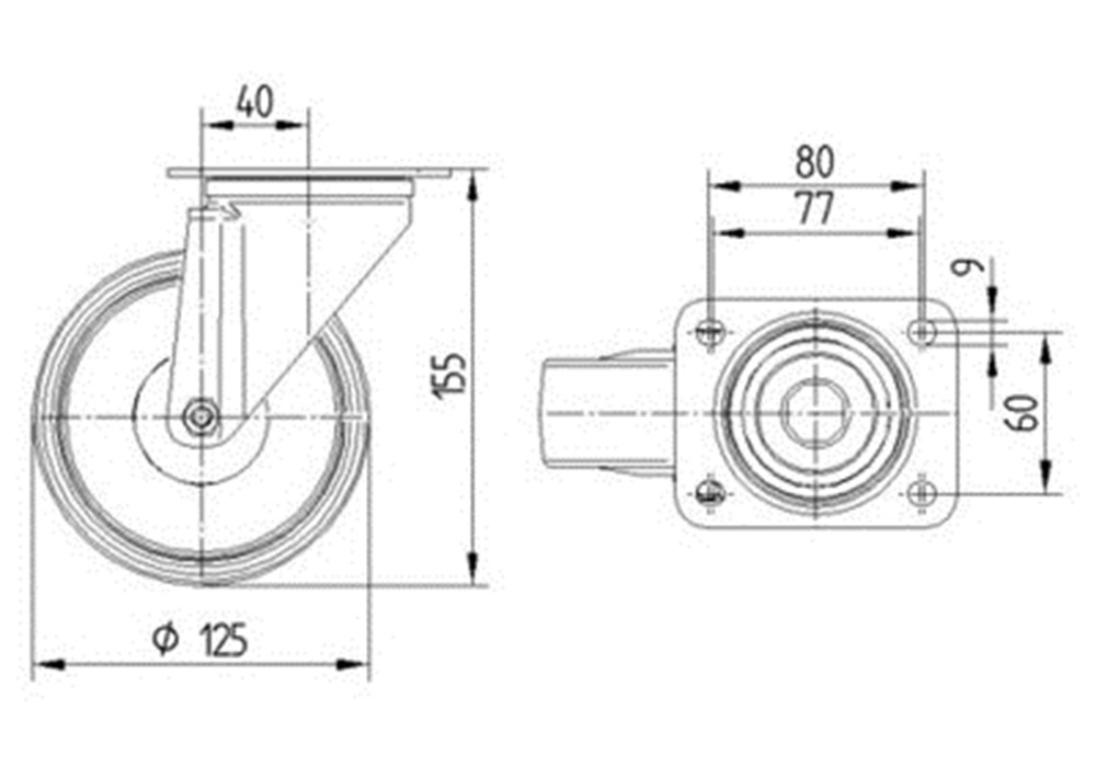 ZWENKWIEL, VORK VAN GEPERST STAAL, VERZINKT, DUBBELE KOGELDRAAIKRANS IN DE ZWENKKOP, WIELAS GESCHROEFD, STOFAFDICHTING, PLAATBEVESTIGING. WIELKERN VAN POLYAMIDE MET LOOPVLAK VAN GESPOTEN POLYURETHAAN, WIELNAAF OP ROLLAGER