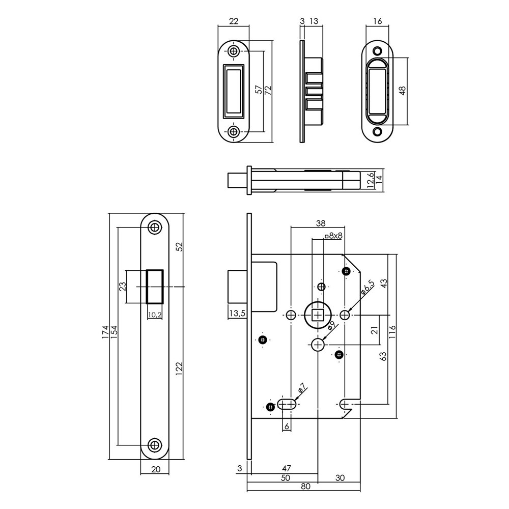 Afbeelding voor Woningbouw magneet loopslot, voorplaat afgerond rvs, 20x175, doorn 50mm incl. sluitplaat/kom 9570