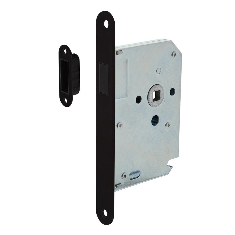 Afbeelding voor Woningbouw magneet slot, voorplaat afgerond zwart, 20x175, doorn 50mm incl. sluitplaat/kom 9572