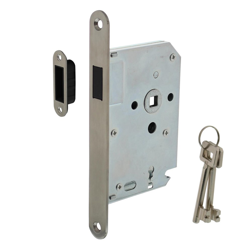 Afbeelding voor Woningbouw magneet slot, voorplaat afgerond rvs, 20x175, doorn 50mm incl. sluitplaat/kom 9570