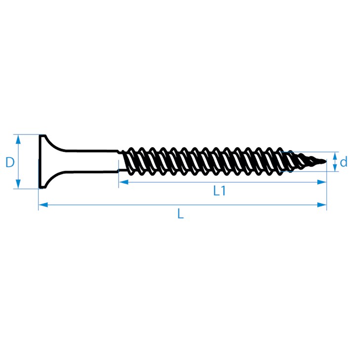 Snelbouwschroeven fijne draad type S trompetkop tekening | Drywall screws fine thread type S bugle head drawing | Schnellbauschrauben Feingewinde Typ S Trompetenkopf Zeichnung | Vis à fixation rapide filetage fin type S tête trompette plan