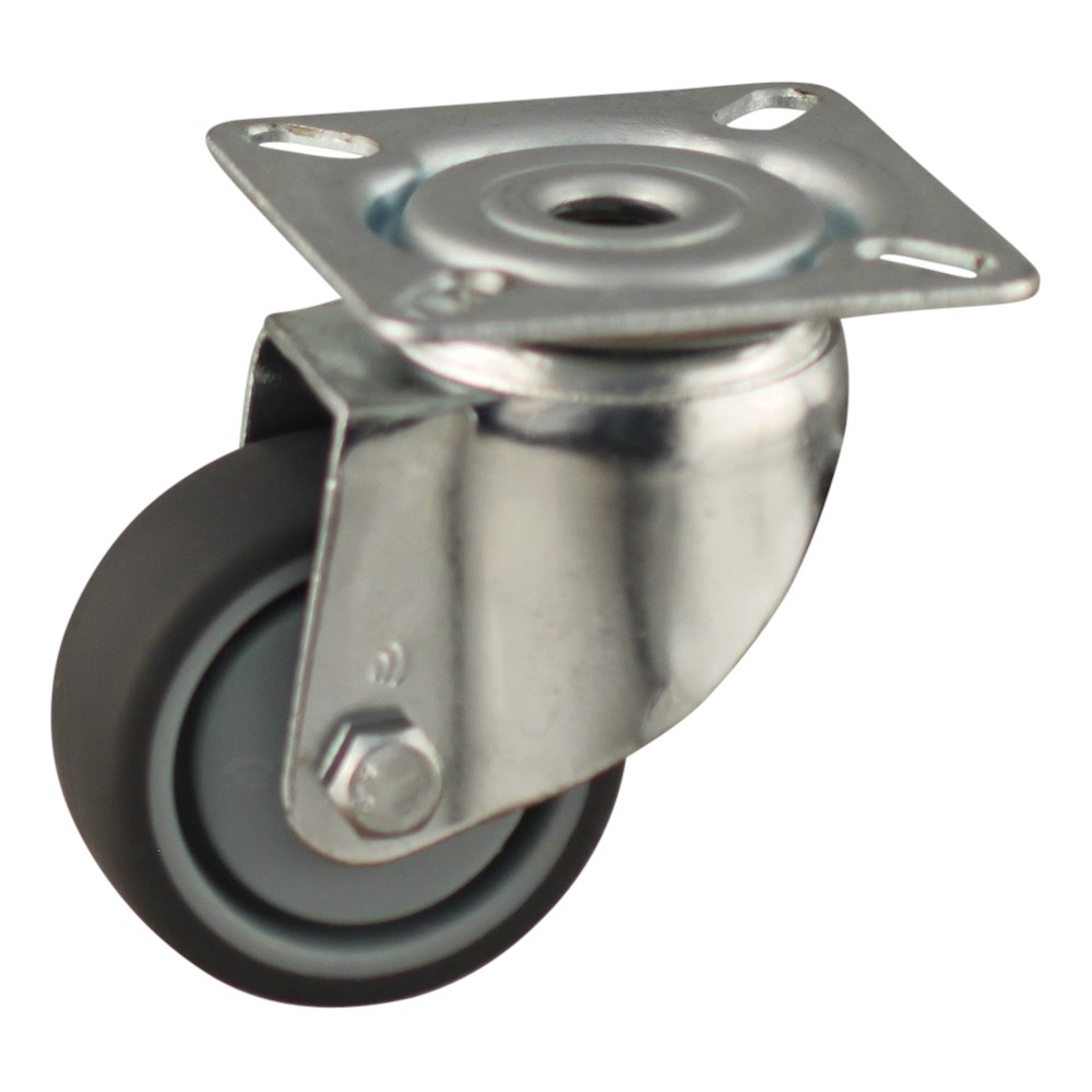 Afbeelding voor Apparatenwiel (zwenk) met plaatbevestiging met stalen gaffel, wiel met grijze PA velg, TPE band Serie 68-60