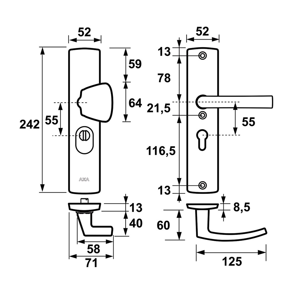 Afbeelding voor CURVE PLUS VH BESLAG/S-KNOP OMK. PC55/ BLOKKRUK PC55/242X52/F8 ZWART/SKG3/BLIST