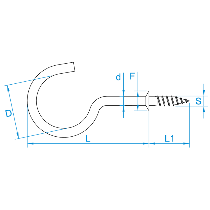 Schroefhaken met borst tekening | Shouldered cup-hooks drawing | Gebogene Schraubhaken mit Beffe Zeichnung | Crochets d'armoires avec embase plan