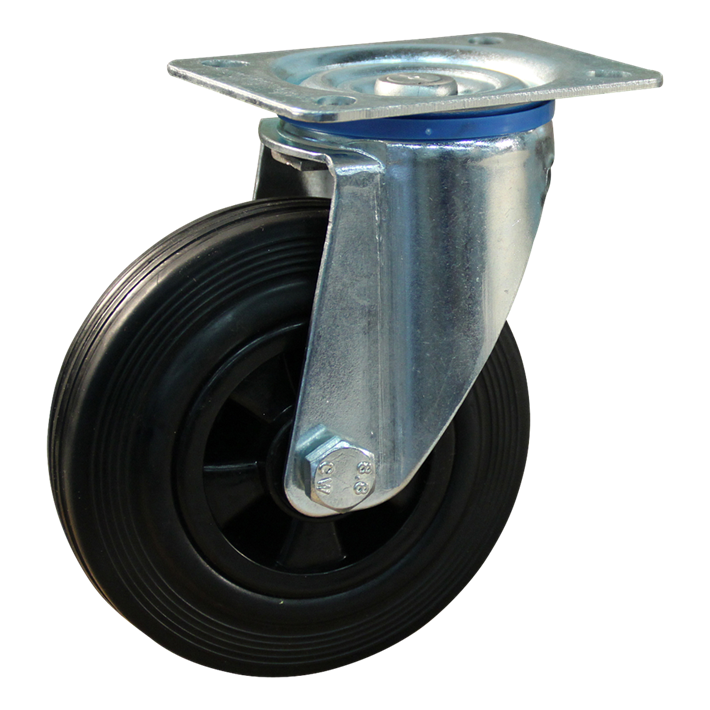 Protempo Transportwiel (zwenk) met plaatbevestiging met stalen gaffel, wiel met PP velg, standaard zwarte rubberen band