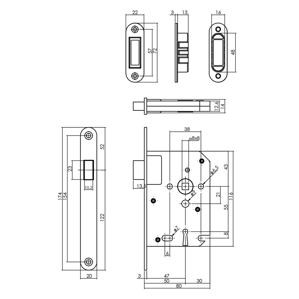 Afbeelding voor Woningbouw magneet klavier dag- en nachtslot 55mm, voorplaat afgerond rvs, 20x175, doorn 50mm incl. 9570