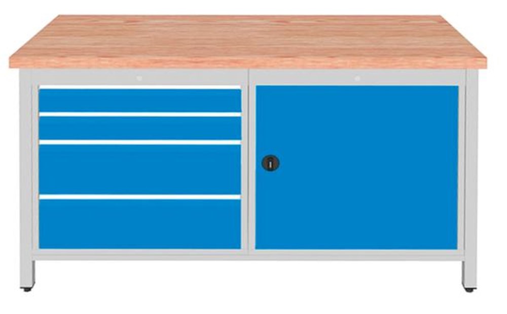 860 mm, 1500 mm, 750 mm, nee, werkplaat, lades, kast, 4 stuks, 2 stuks, 2 stuks, vierpoot, beuken, RAL7035 lichtgrijs, RAL5012 lichtblauw, beuken, staal, 100 kg, 40 mm, 1 stuks, nee, 160 kg, 1 st i0000010794.jpg