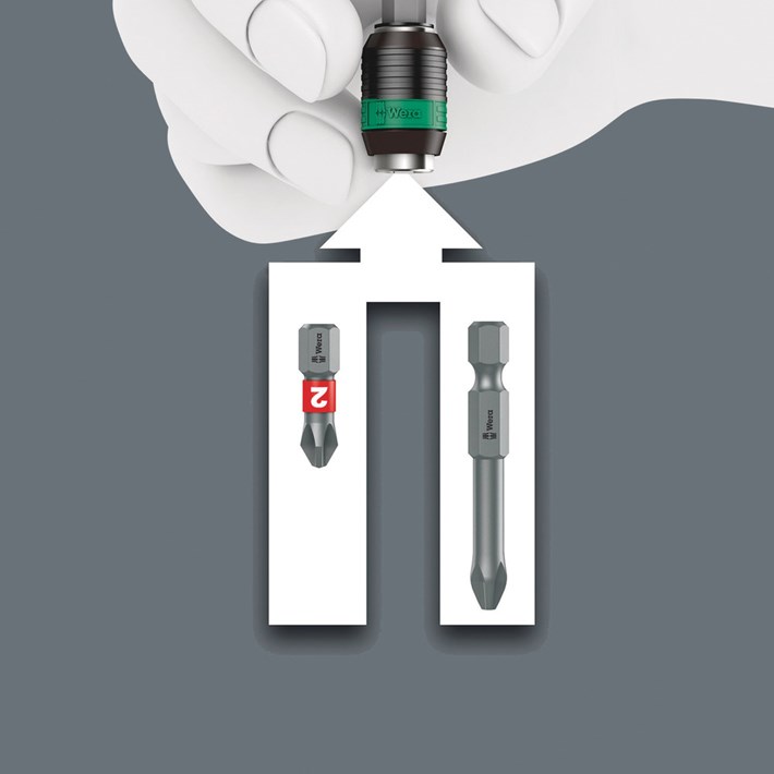 De Rapidaptor Snelwisselhouder is geschikt voor 1/4"-bits  conform DIN ISO 1173-C 6,3 en E 6,3 en Wera verbindings-rij 1 en 4.