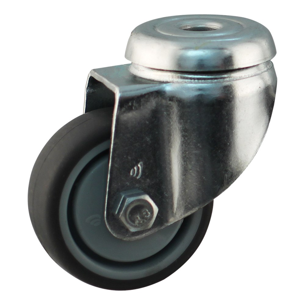 Afbeelding voor Apparatenwiel (zwenk) met boutgat met stalen gaffel, wiel met grijze PA velg, TPE band Serie 68-60
