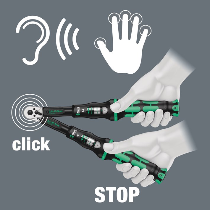 <b>Stopmechanisme</b><br/>Bij het bereiken van het ingestelde draaimoment wordt een hoor- en voelbaar mechanisme geactiveerd.