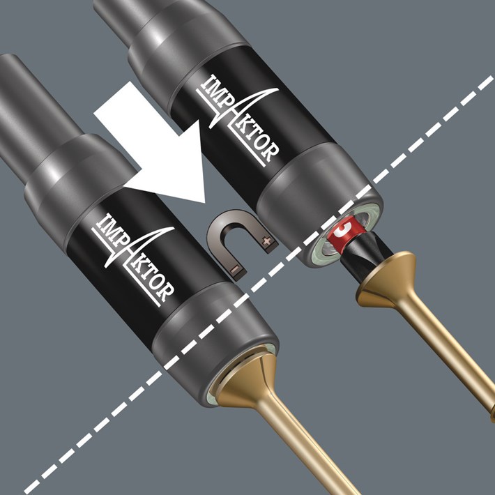 <b>Impaktor houder met ringmagneet</b><br/>De Impaktor houder met ringmagneet houdt extra lange en zware schroeven stevig vast. Hiermee wordt het razendsnel en veilig aanzetten van de schroef mogelijk. Ideaal voor het werken boven het hoofd. Zou de magneet niet nodig zijn bijv. bij werken met metaal, kan deze uit het schroefbereik gehaald en hiermee "uitgeschakeld" worden. Gebruik bij voorkeur voor (Impact) Slagschroefmachines.