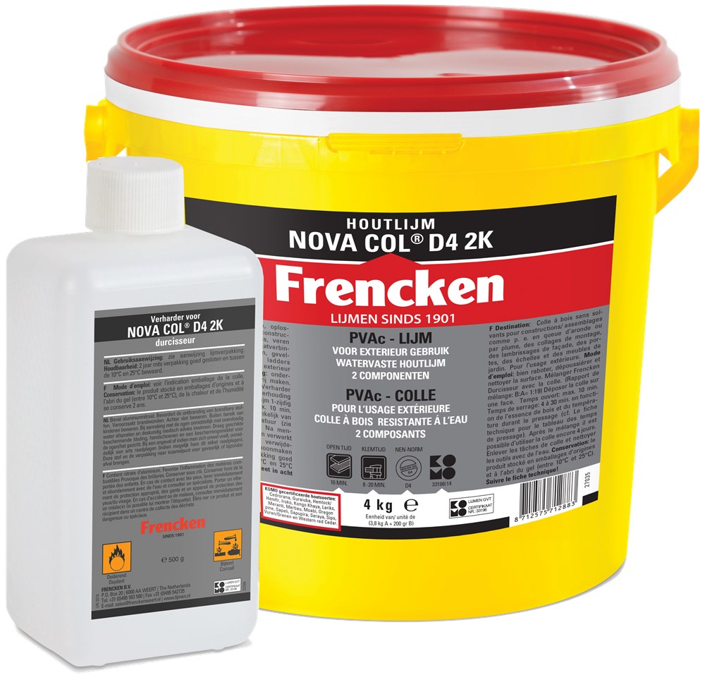 Frencken houtlijm Nova Col D4 2K in emmer (4kg) watervast + verharder transparant Polvo bv