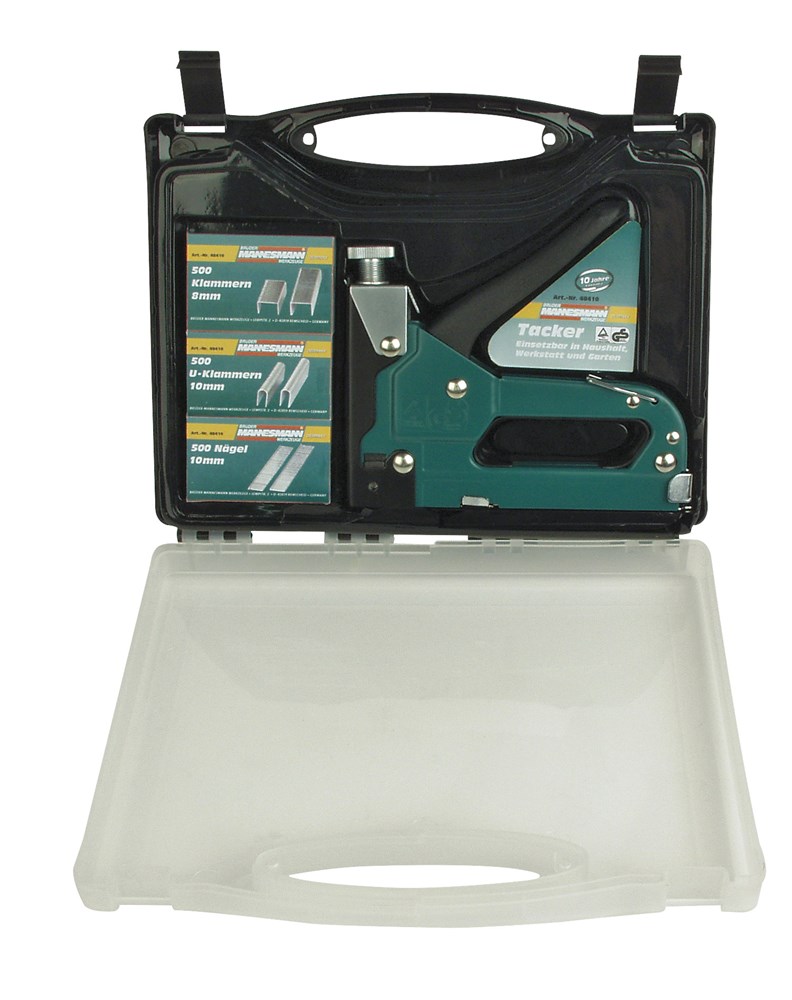 HANDTACKER / HAND NIETMACHINE IN KOFFER SET MET 3 NIETJES HANDTACKER / HAND NIETMACHINE IN KOFFER SET MET 3 NIETJES