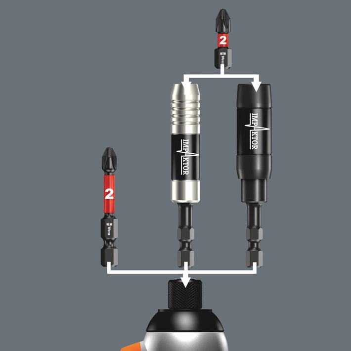 <b>Variabel gebruik</b><br/>Wera Impaktor-bits en houders zijn ook afzonderlijk van elkaar te gebruiken. De beste resultaten worden echter verkregen als beiden gereedschappen in combinatie gebruikt worden.