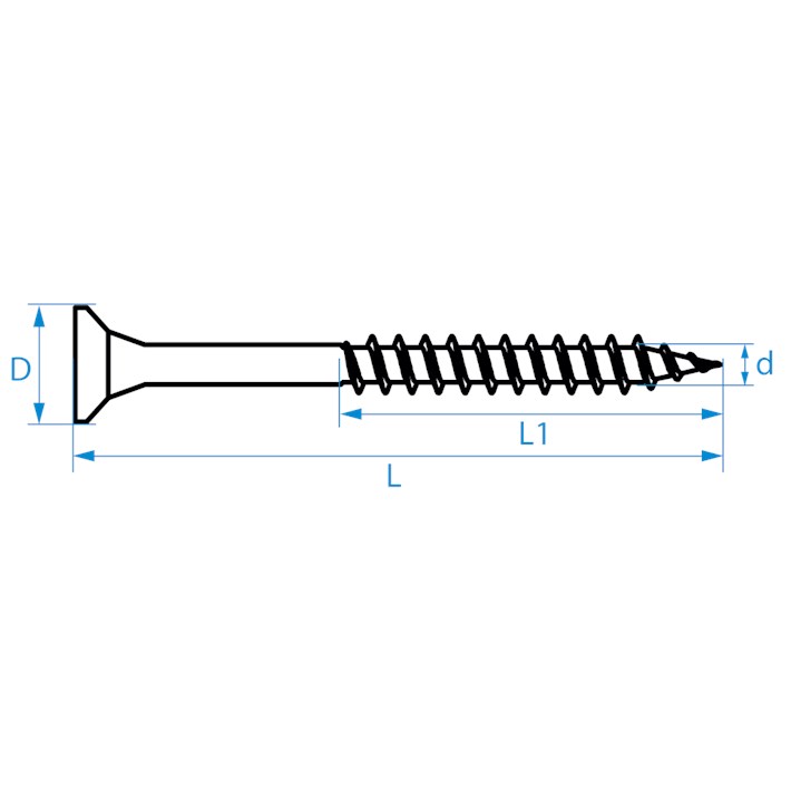 Spaanplaatschroeven platkop deeldraad tekening | Chipboard screws countersunk head partial thread drawing | Spanplattenschrauben Senkkopf Teilgewinde Zeichnung | Vis à bois tête fraisée filetage partiel plan