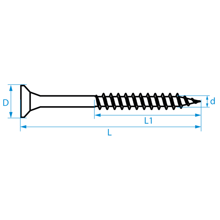 Spaanplaatschroeven platkop deeldraad tekening | Chipboard screws countersunk head partial thread drawing | Spanplattenschrauben Senkkopf Teilgewinde Zeichnung | Vis à bois tête fraisée filetage partiel plan