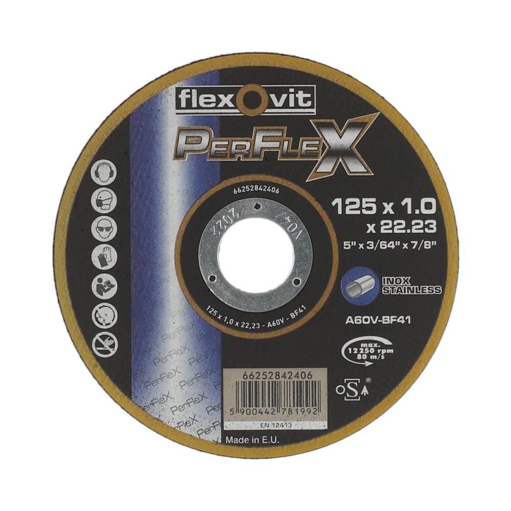 125 mm, 1 mm, 22,23 mm, Staal, inox, 55 stuk(s), Haakse slijper 66252842406 Flexovit Flexovit Perflex Ultra Thin Inox Cutting Disc 125x1x22.23 GRIT 60_133814.png