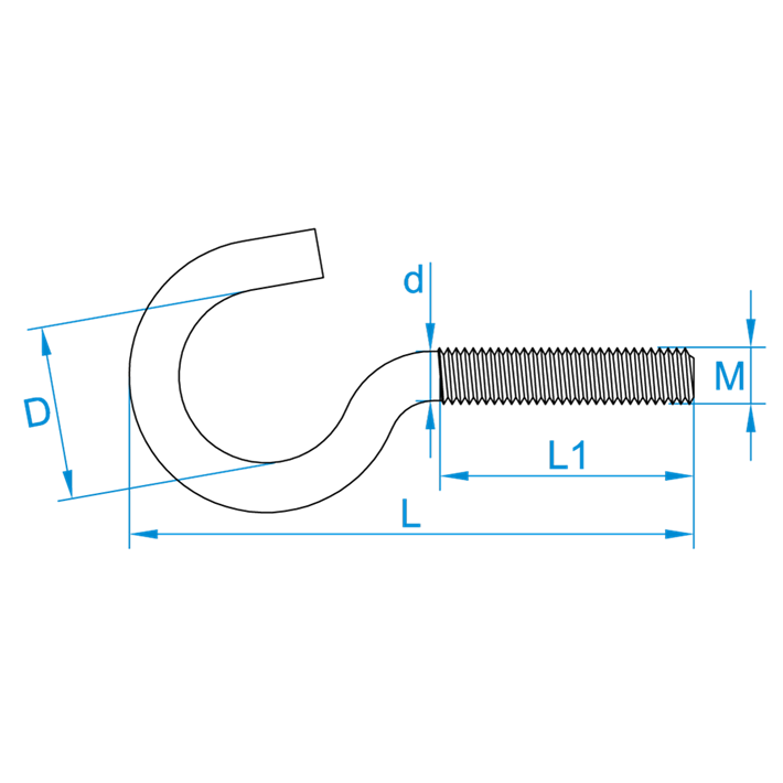 Schroefhaken metrisch tekening | Cup-hooks metric drawing | Gebogene Schraubhaken mit Eisengewinde Zeichnung | Crochets d'armoires métriques plan