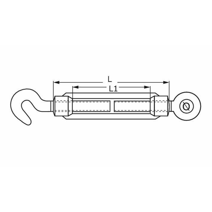 Lijntekening DX spanschroef haak-oog DIN 1480