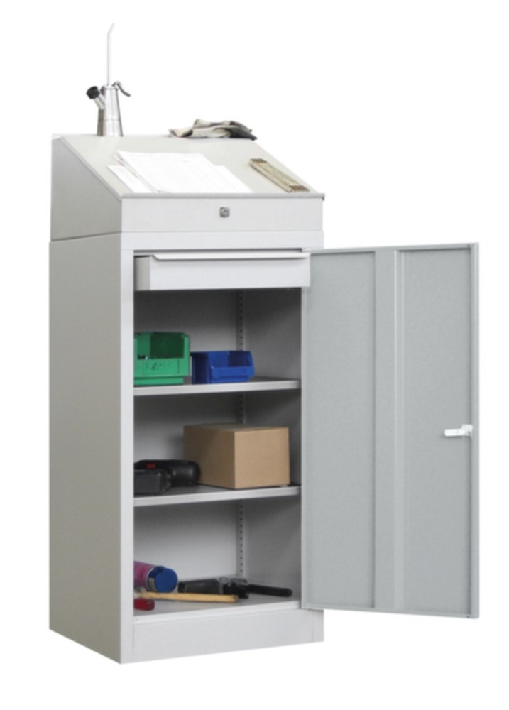 lessenaarkast, magazijn/werkplaats, vleugeldeur, legborden, lades, 2 stuks, 1 stuks, RAL7035 lichtgrijs, RAL7035 lichtgrijs, staal, poedercoating, poedercoating, nee, cilinderslot, sokkel, verzinkt, ja, 28 kg i0000025512.jpg