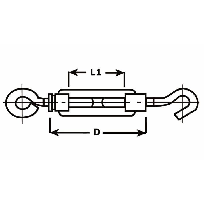 Lijntekening DX spanschroef haak-oog