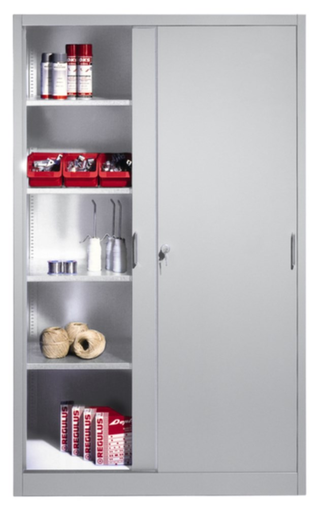 Ergo, magazijn/werkplaats, schuifdeur, legborden, 4 stuks, 70 kg, RAL7035 lichtgrijs, RAL7035 lichtgrijs, gelakt, drukcilinderslot, sokkel, staal, 15 mm, RAL7035 lichtgrijs, verzinkt, nee, ja, draaigreep, nee, 101.5 kg i0000042139.jpg
