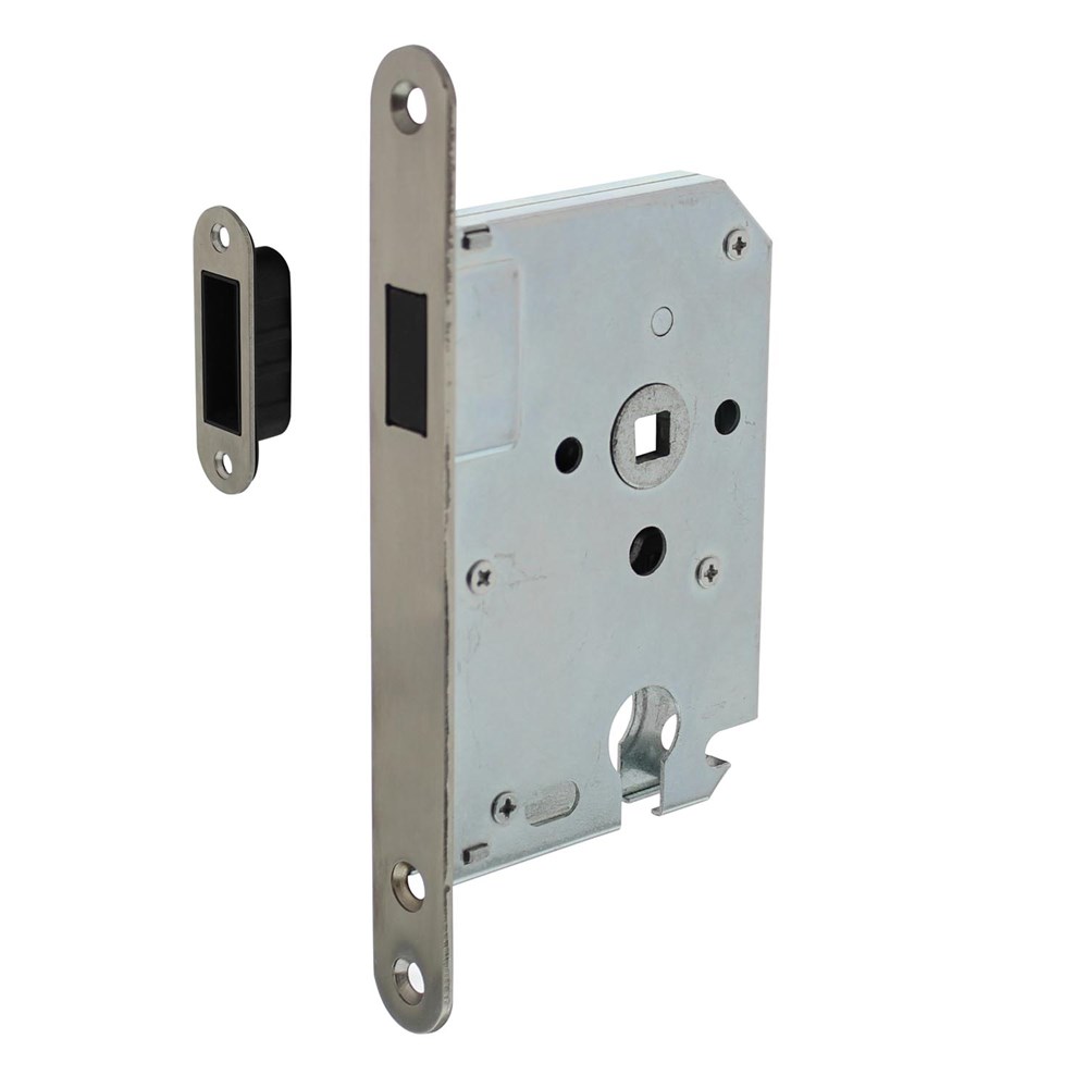 Afbeelding voor Woningbouw magneet slot, voorplaat afgerond rvs, 20x175, doorn 50mm incl. sluitplaat/kom 9570
