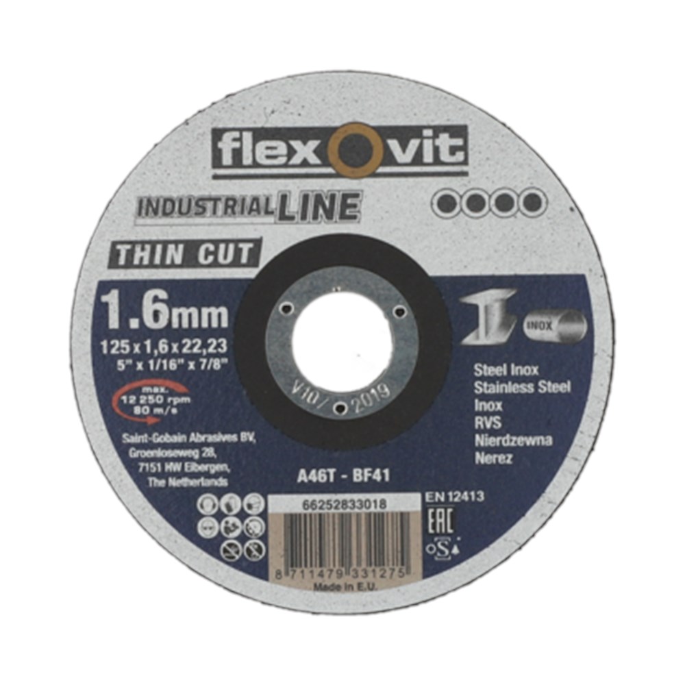 66252833018 Flexovit THIN CUT for Right-Angle Grinder Ultra Thin Cut-Off on METAL INOX 125x1.6x22.png