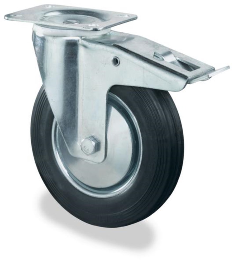 Afbeelding voor zwenkwiel met rem,draagverm. 100kg,massief rubber,ØxB 125x37mm,wiellager,dubbele stop,velg plaatsta
