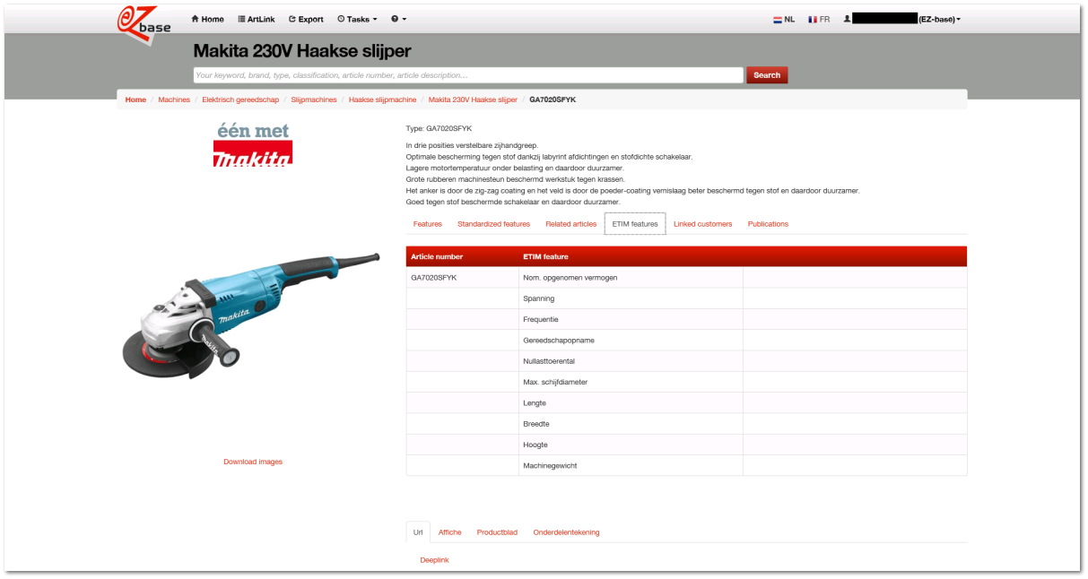 ETIM features tab