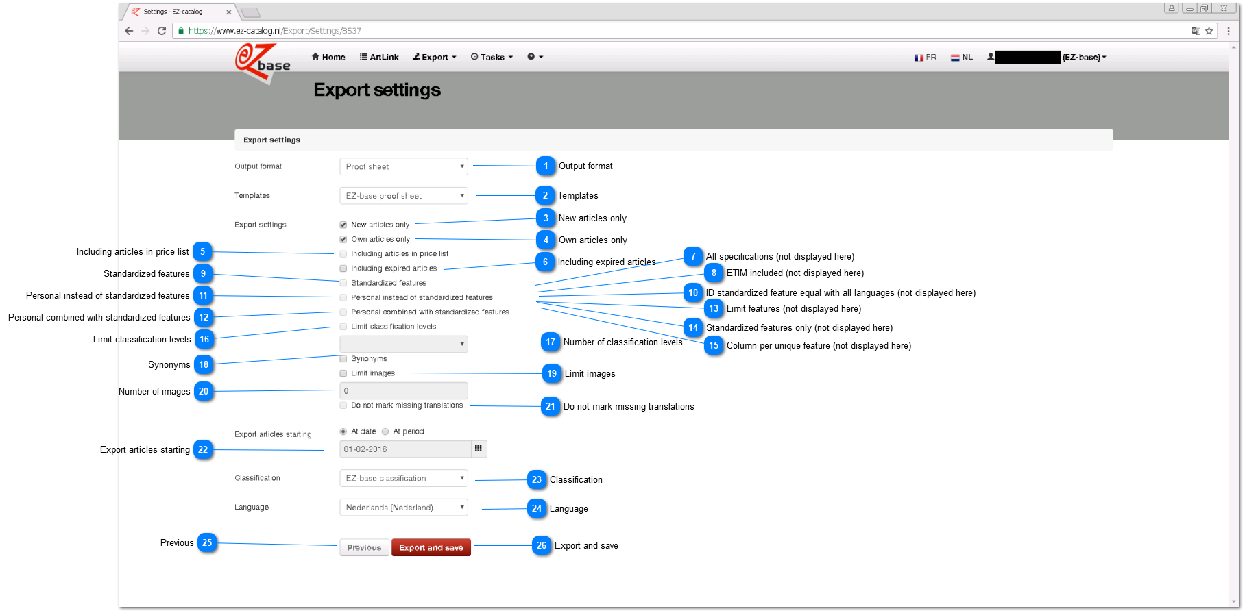 Export settings