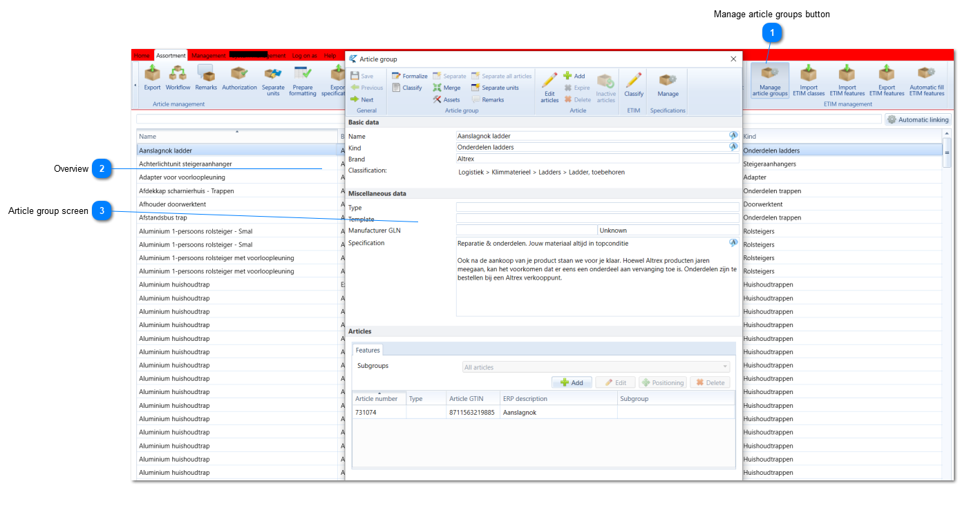 Manage article groups